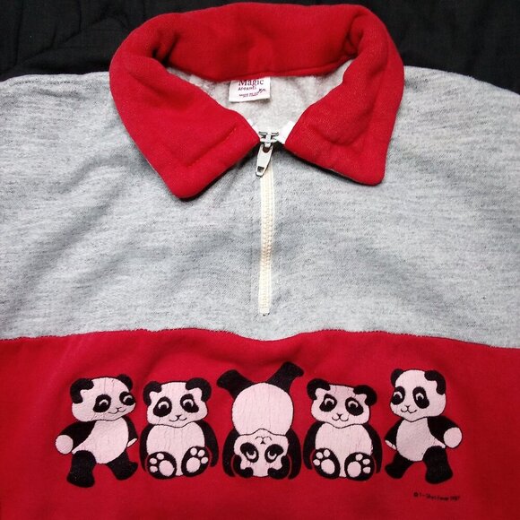 Vintage Panda Bear Stripe 1/4 Zip Sweatshirt - Picture 1 of 7